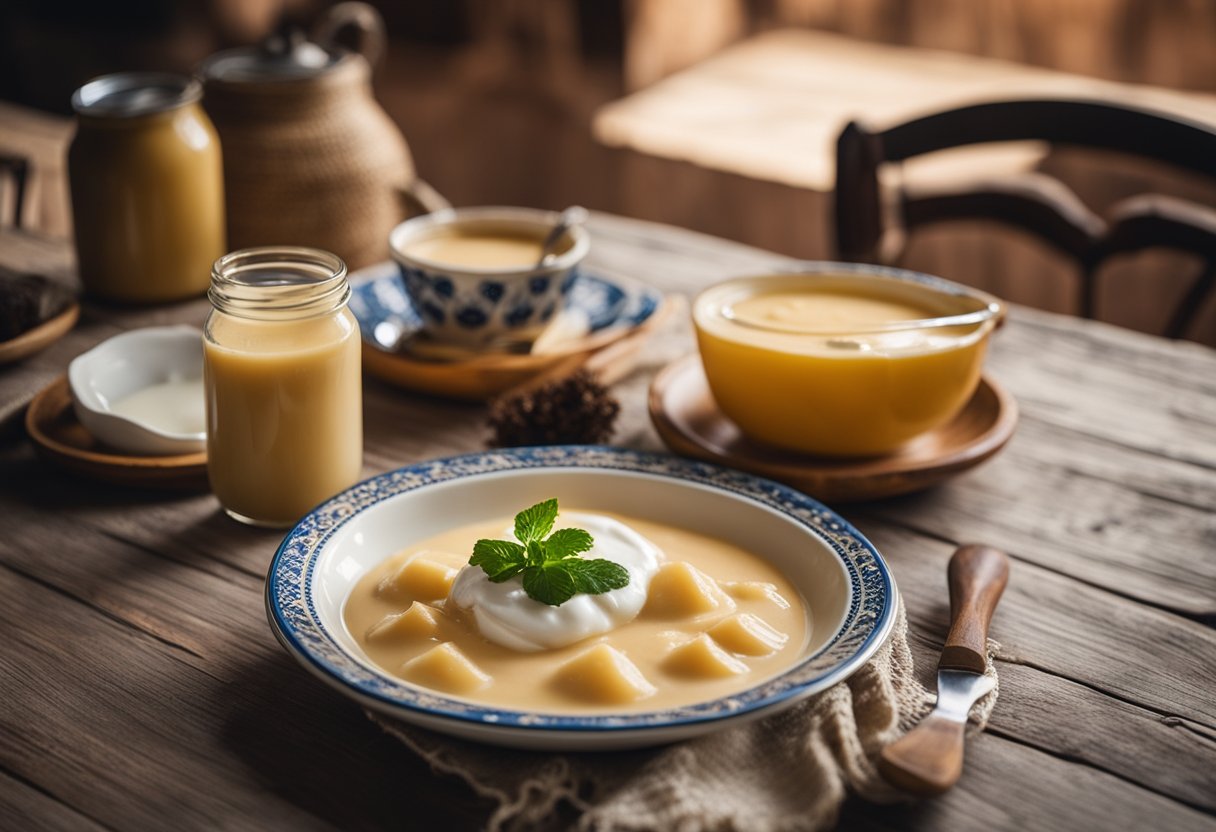 Uma mesa de cozinha rústica com um prato de cocada gaúcha caseira e uma lata de leite condensado, cercada por decoração tradicional gaúcha.