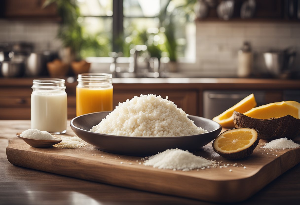 Uma bancada de cozinha rústica com ingredientes para "cocada gaúcha" - coco, leite condensado e açúcar - dispostos para uma ilustração de receita de sobremesa simples.