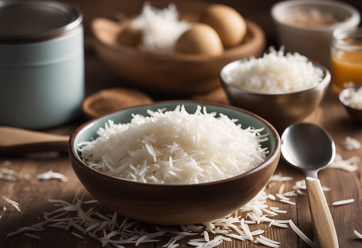 Uma bancada de cozinha rústica com uma tigela de coco ralado, uma lata de leite condensado e uma colher de madeira