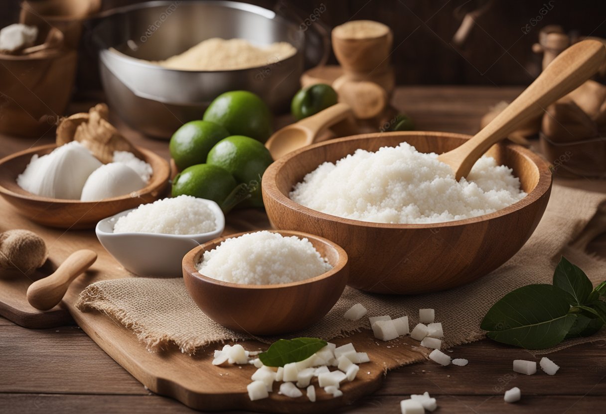 Uma bancada de cozinha rústica com ingredientes para "cocada gaúcha" - coco, leite condensado e açúcar. Uma tigela de mistura e uma colher de madeira estão prontas para o preparo.