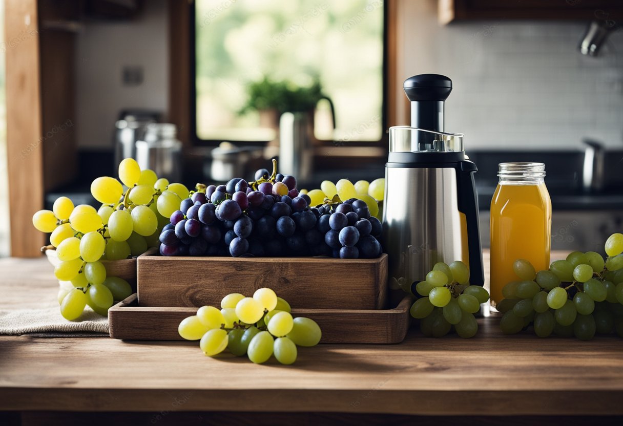 Uma bancada de cozinha rústica com uvas frescas, um espremedor e garrafas de vidro cheias de suco de uva caseiro