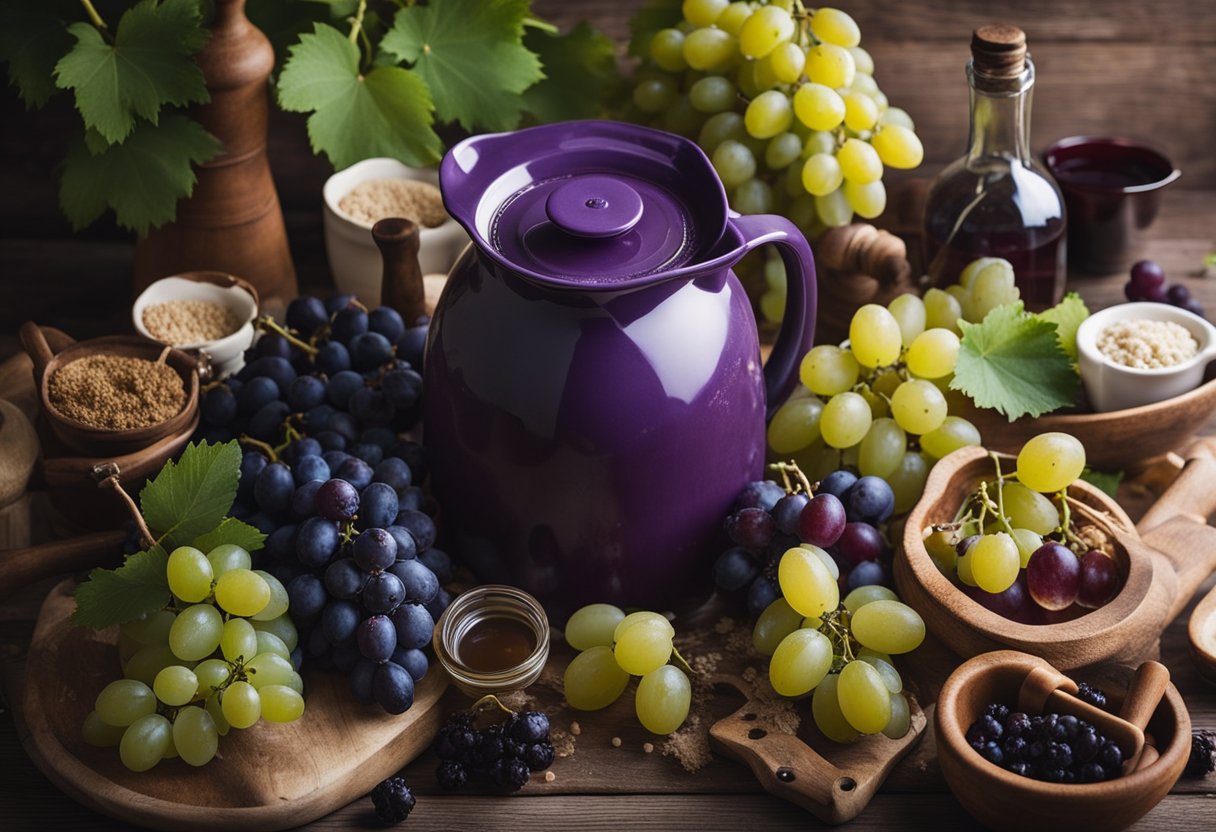 Uma mesa com uvas frescas sendo lavadas, esmagadas e prensadas em um grande jarro, cercada por vários utensílios e ingredientes para fazer suco de uva caseiro.