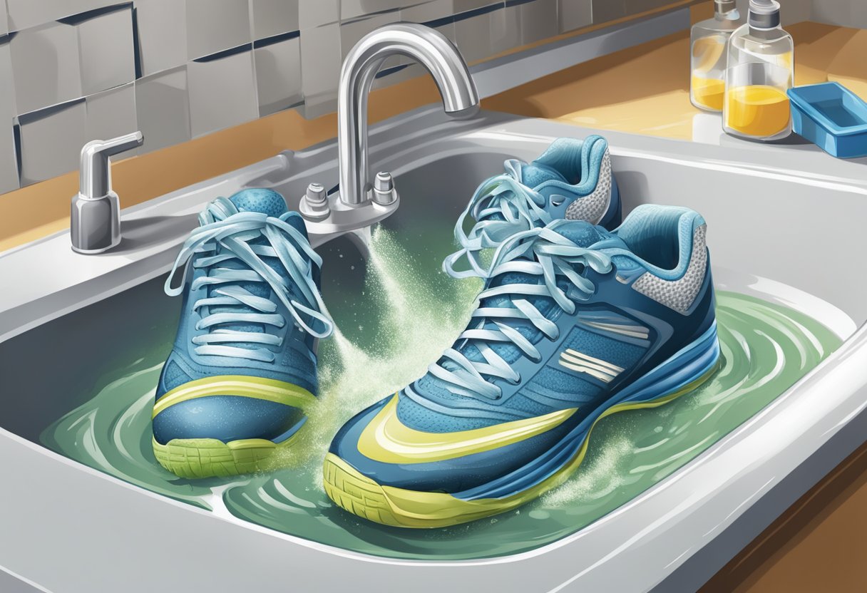 A pair of volleyball shoes being scrubbed with a brush under running water in a sink