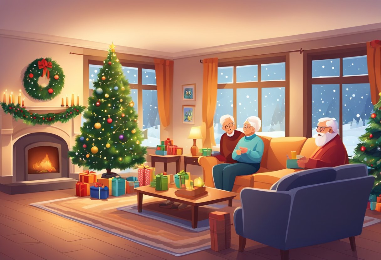A cozy living room with a decorated Christmas tree, a table set with festive games and activities, and grandparents enjoying the holiday spirit