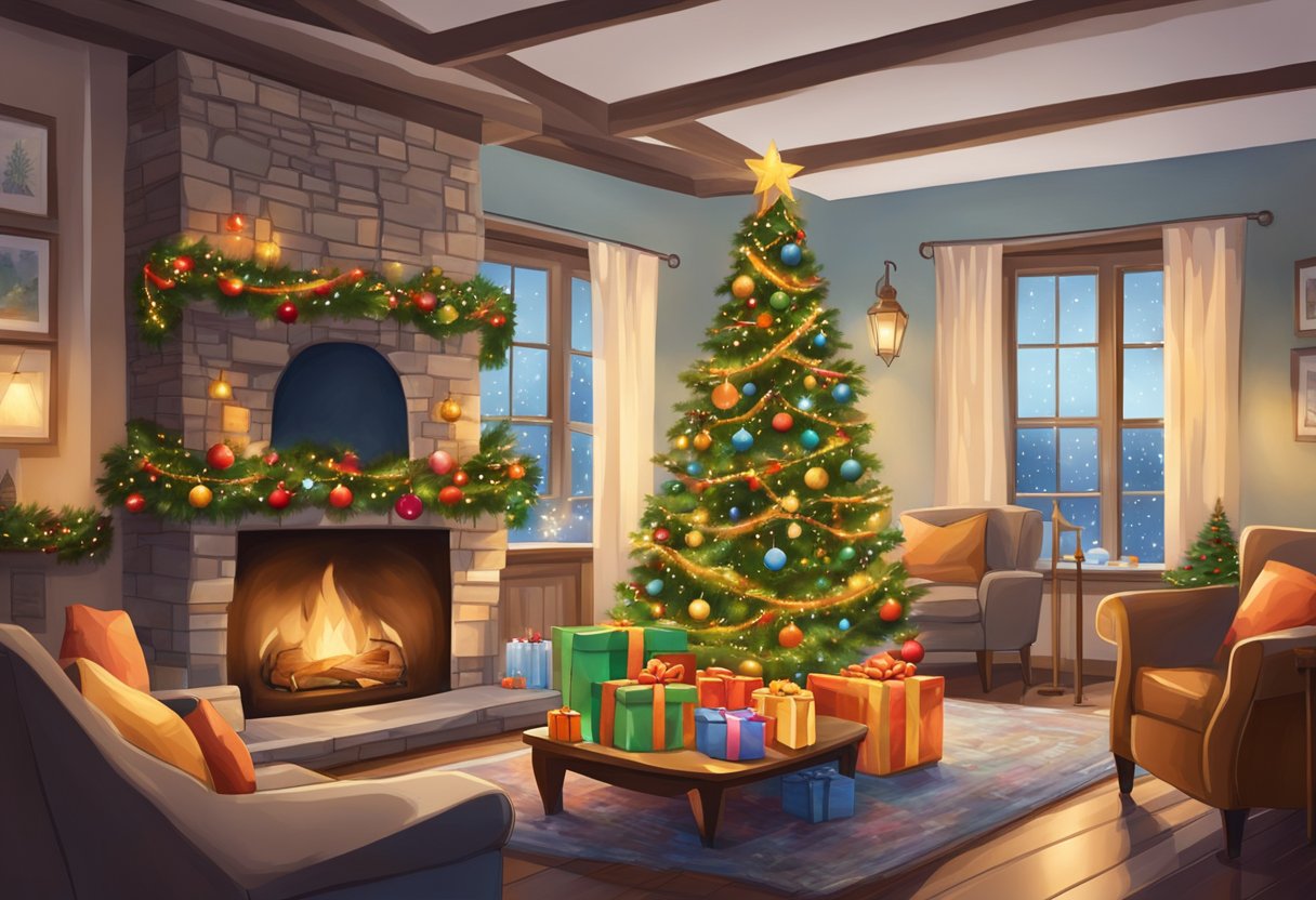 A cozy living room with a crackling fireplace, a beautifully decorated Christmas tree, and a table overflowing with wrapped presents