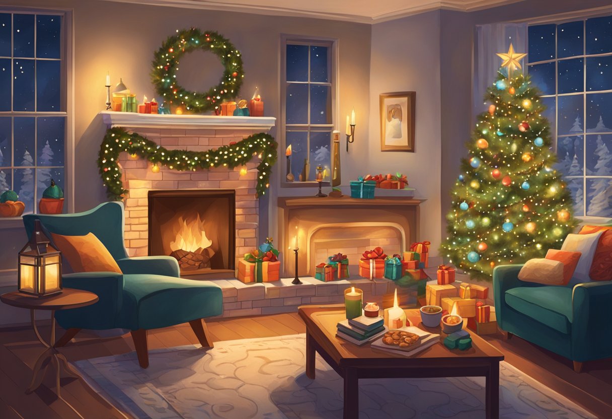 A cozy living room adorned with twinkling lights, a crackling fireplace, and a table filled with holiday treats. Family members gather to share stories and sing carols, creating a warm and festive atmosphere