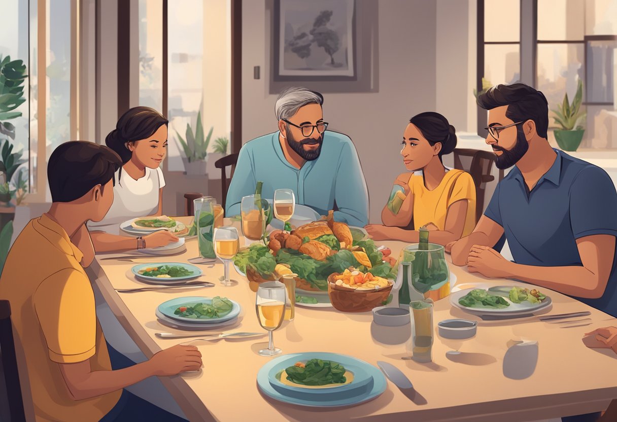 A family sitting around a dinner table, engaged in deep conversation and actively listening to each other's thoughts and feelings