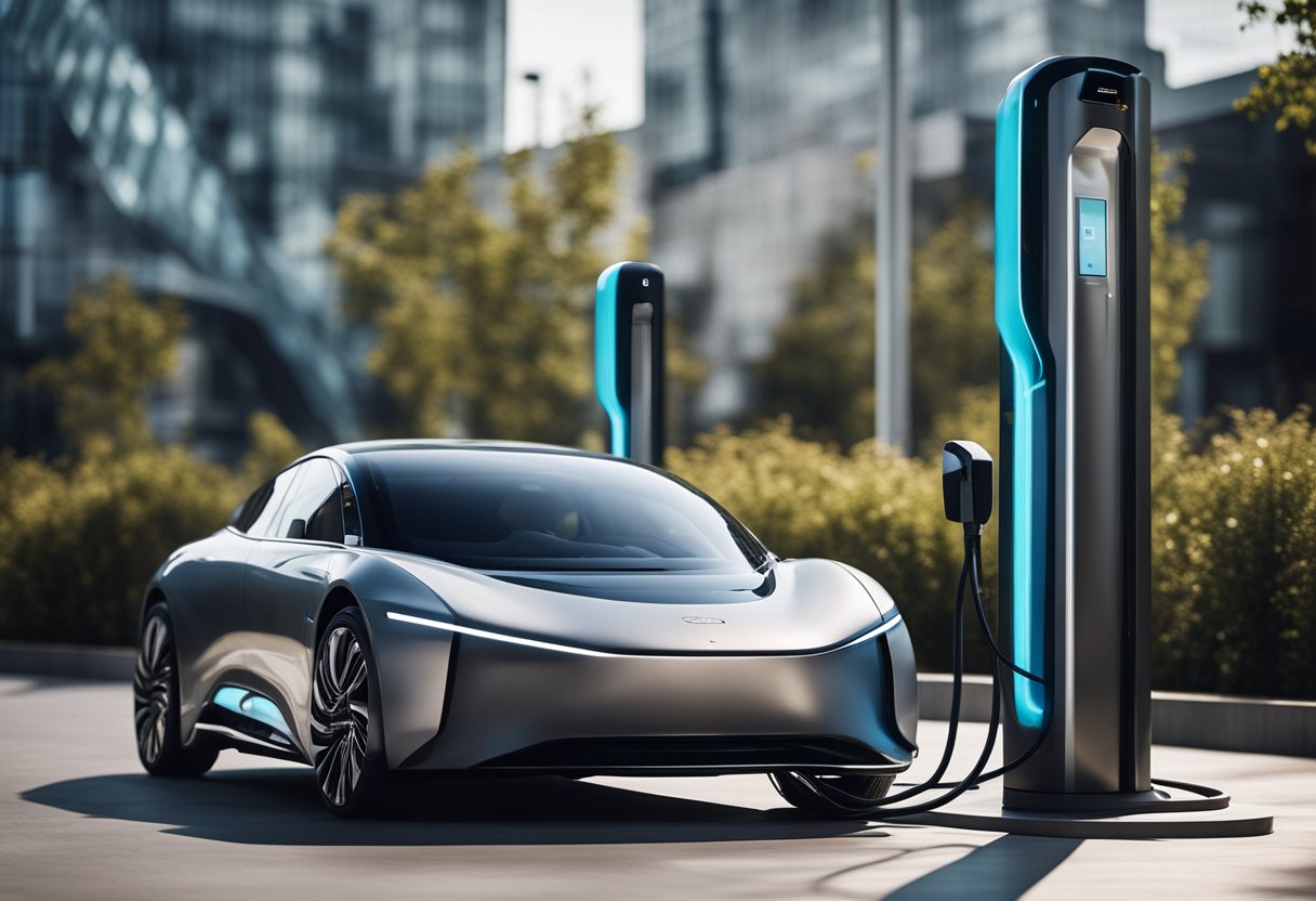 Um carro elétrico futurista sendo carregado rapidamente em uma estação de carregamento elegante e high-tech, com energia fluindo para o veículo a uma velocidade impressionante.