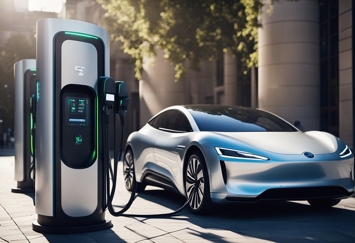 Uma estação de carregamento de carros elétricos futurista com carregadores elegantes e de alta velocidade, e veículos elétricos sendo rapidamente carregados.