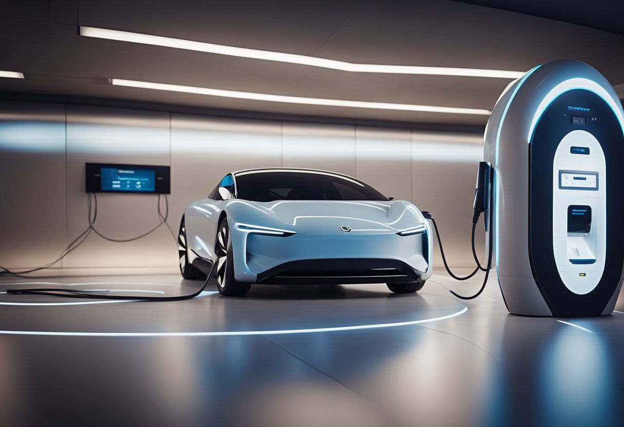 Uma estação de carregamento de carro elétrico futurista com design elegante e de alta tecnologia e capacidades de carregamento ultra-rápido.