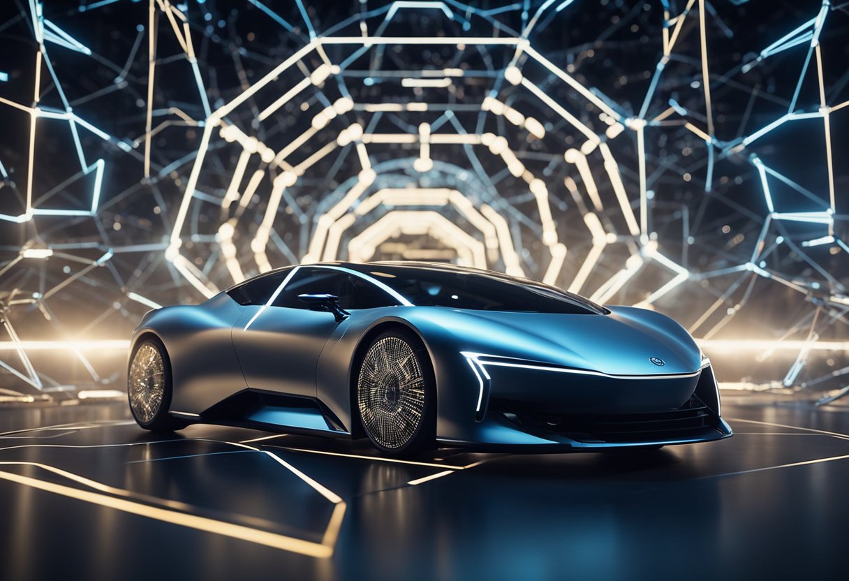 Um carro futurista conectado a uma rede, cercado por um escudo digital representando a tecnologia blockchain, simbolizando segurança aprimorada para veículos conectados.