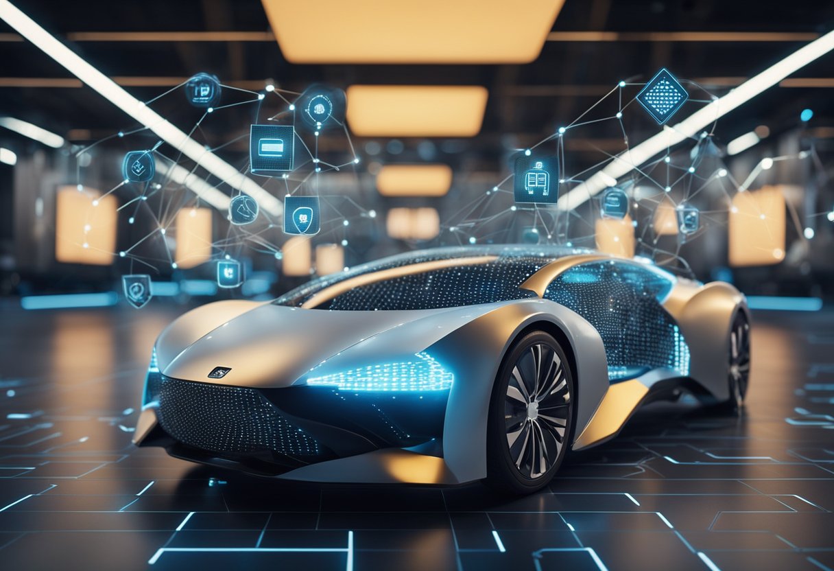 Um carro futurista conectado a uma rede, cercado por blocos de dados e símbolos de segurança, com a tecnologia blockchain no centro da cena.