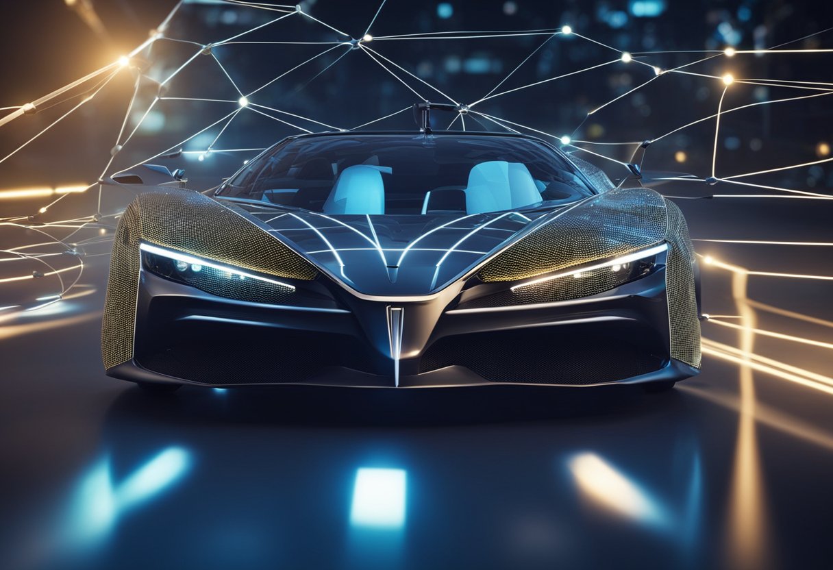 Um carro futurista conectado a uma rede, com dados fluindo de forma segura através da tecnologia blockchain, garantindo a segurança e a integridade dos sistemas do veículo.