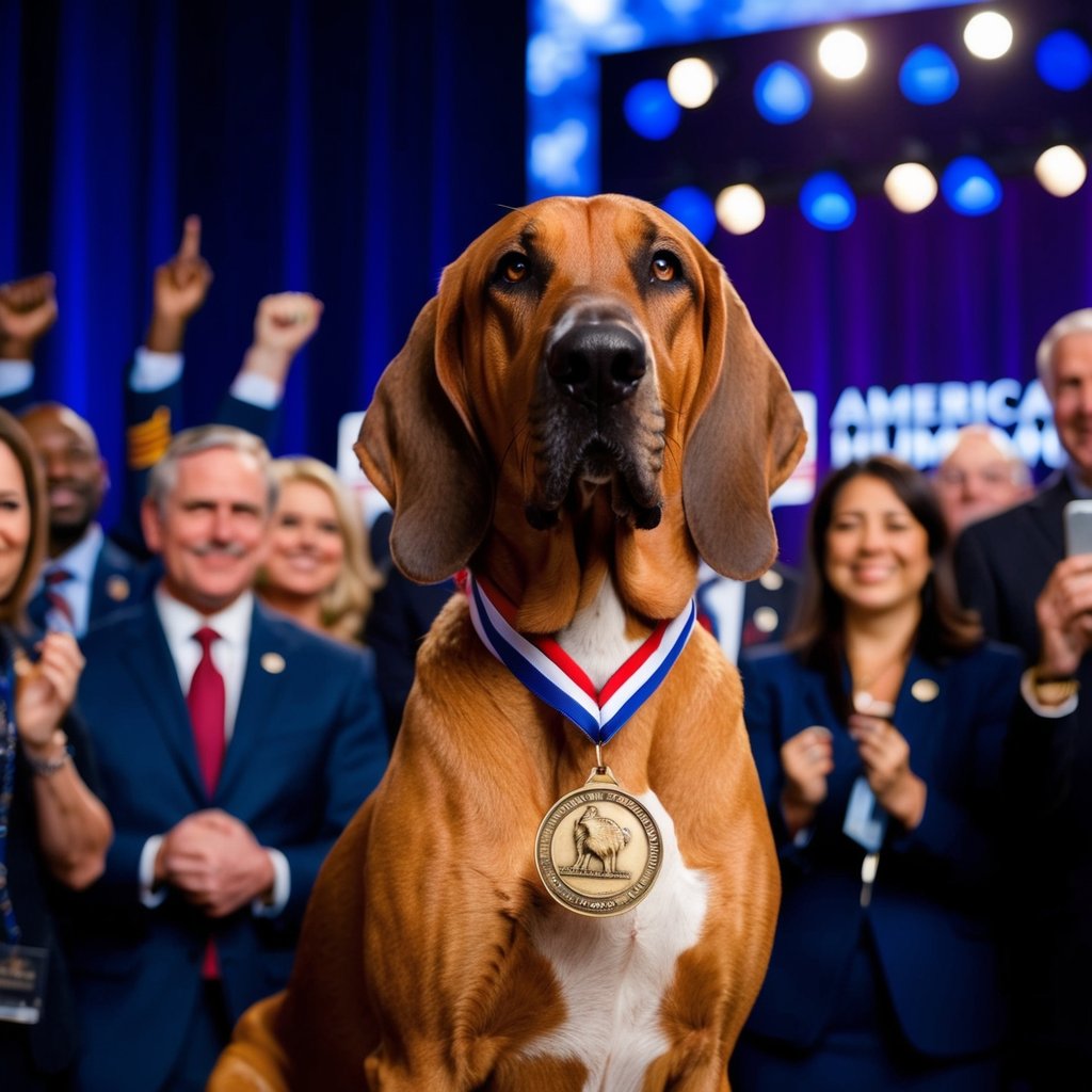 A bloodhound stands proudly with a medal around its neck, surrounded by cheering crowds and flashing cameras at the American Humane's 2024 Hero Dog award ceremony