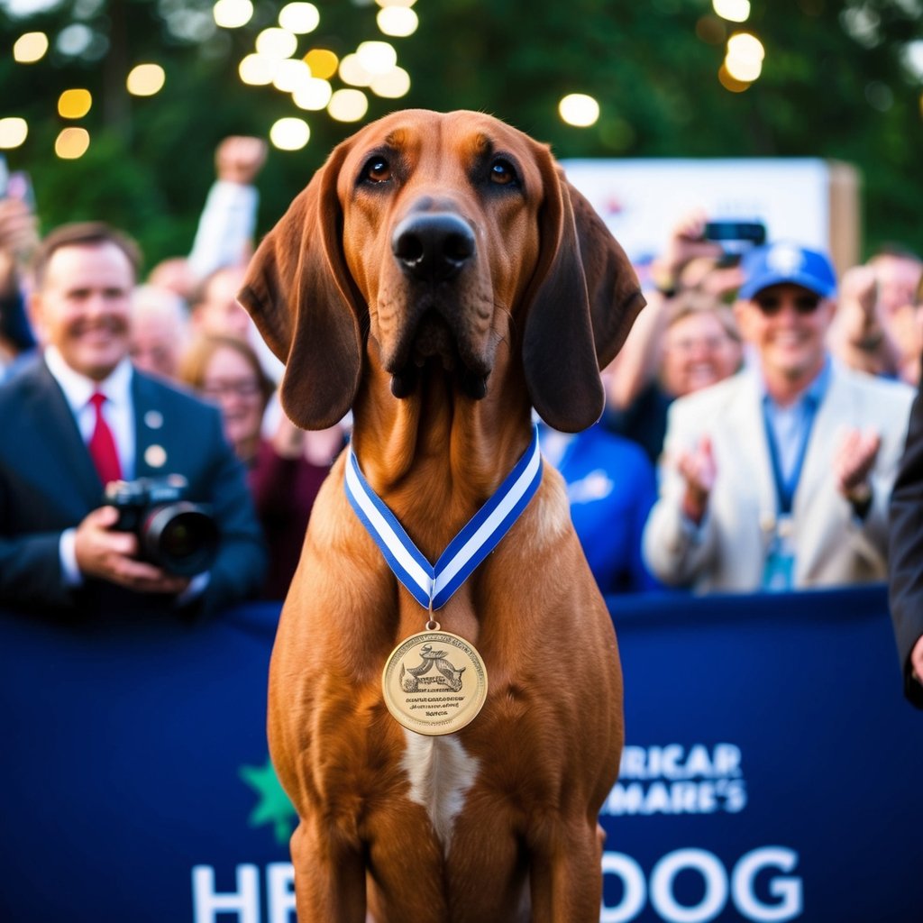 A determined bloodhound stands proudly with a medal around its neck, surrounded by cheering crowds and flashing cameras at the American Humane's 2024 Hero Dog Award ceremony