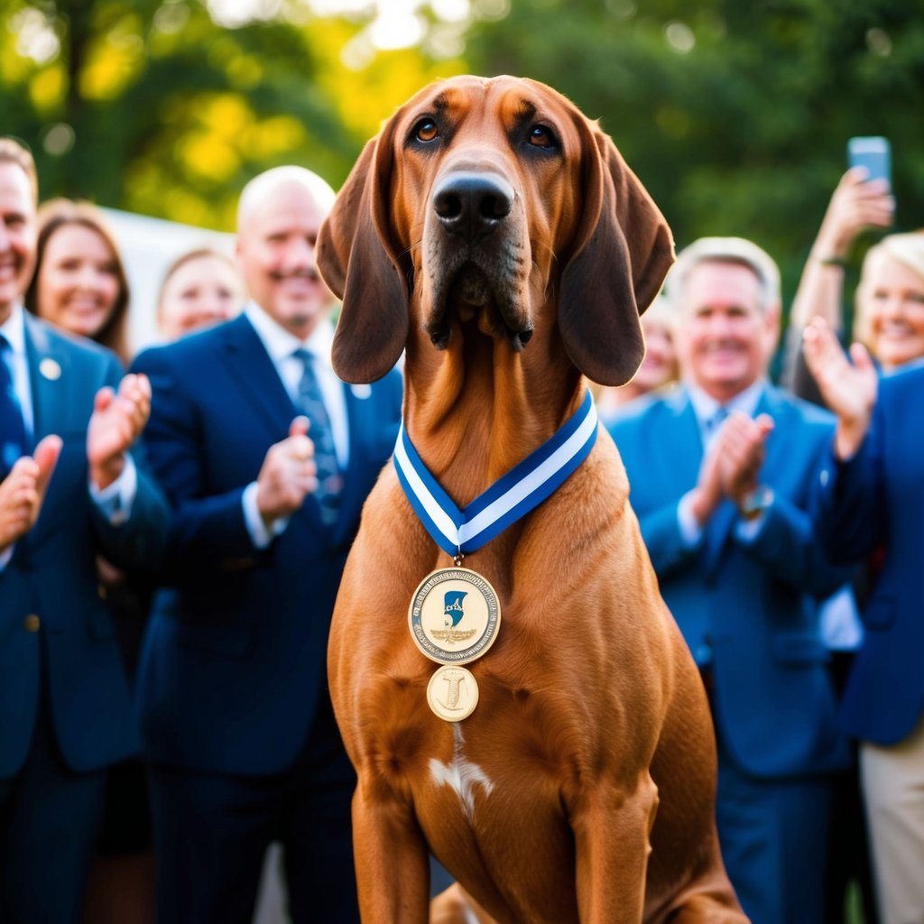 A heroic bloodhound stands proudly with a medal around its neck, surrounded by cheering crowds and flashing cameras at the American Humane's 2024 Hero Dog award ceremony