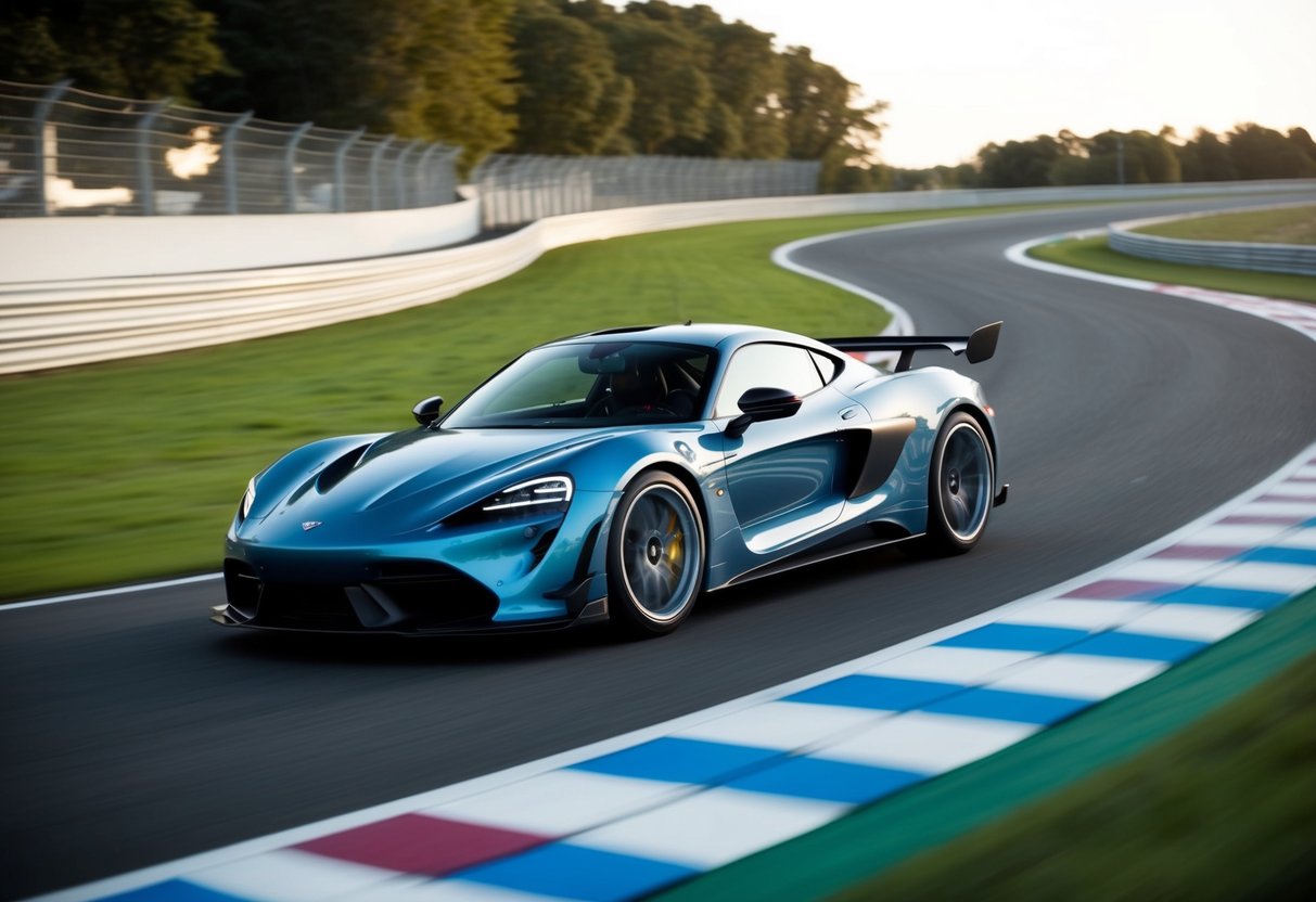 Una elegante auto sportiva con ammortizzatori regolabili elettronicamente sfreccia su un circuito tortuoso, abbracciando senza sforzo le curve.
