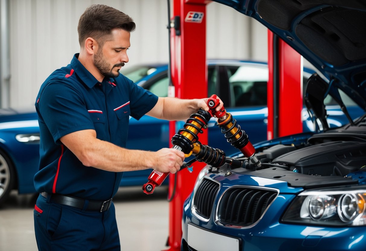 Un meccanico che installa e personalizza ammortizzatori regolabili elettronicamente su un'auto