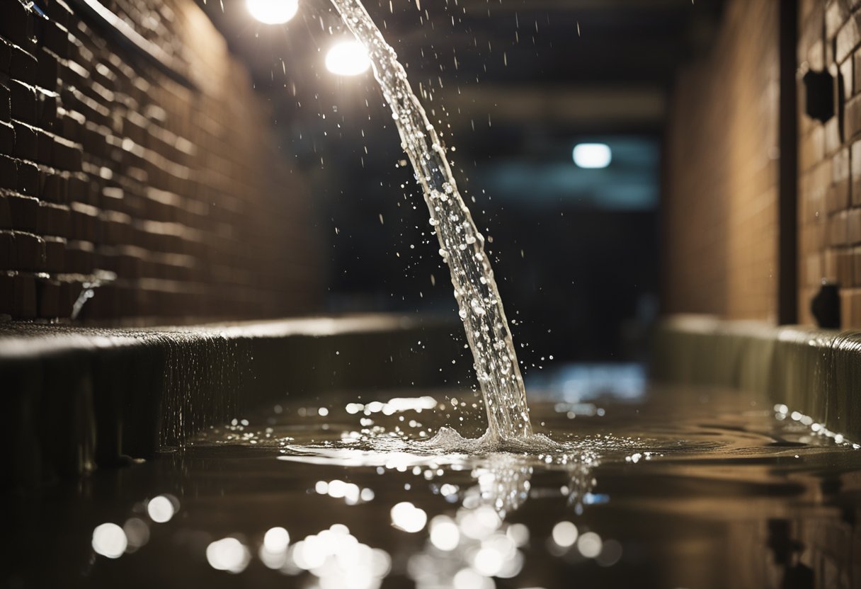 A burst pipe spewing water in a basement, causing flooding and damage to the surrounding area