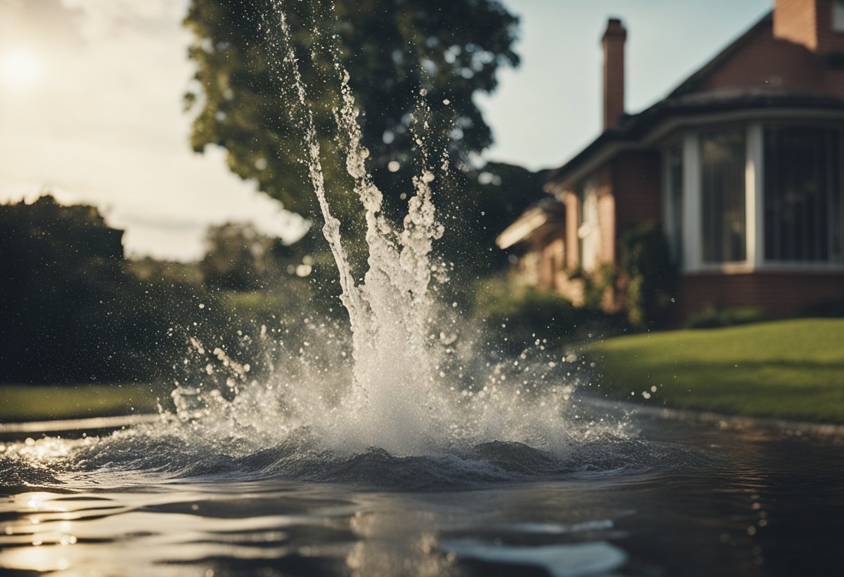 Water gushing from a burst pipe in a home, causing flooding and damage to the surrounding area