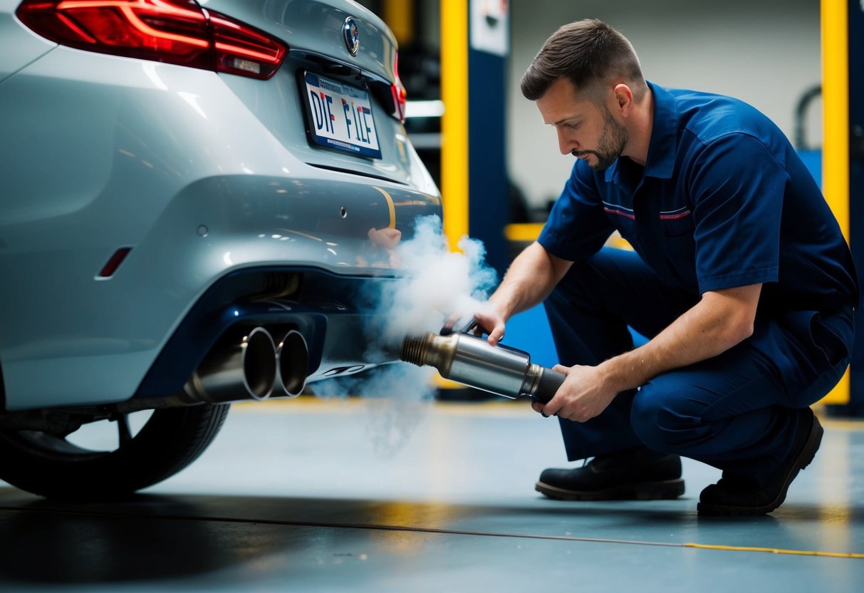 Un'auto con un tubo di scarico visibile emette fumi mentre un meccanico utilizza una macchina per pulire il filtro DPF.