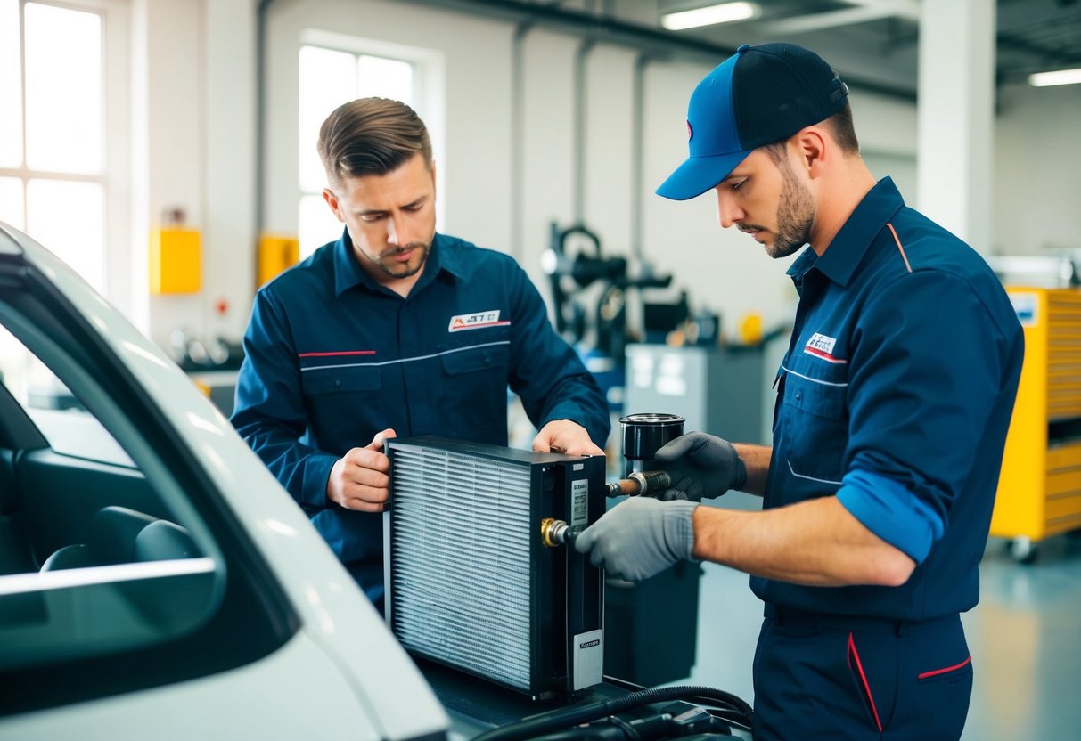 Un meccanico che rigenera un filtro DPF con attrezzature specializzate in un'officina pulita e ben illuminata
