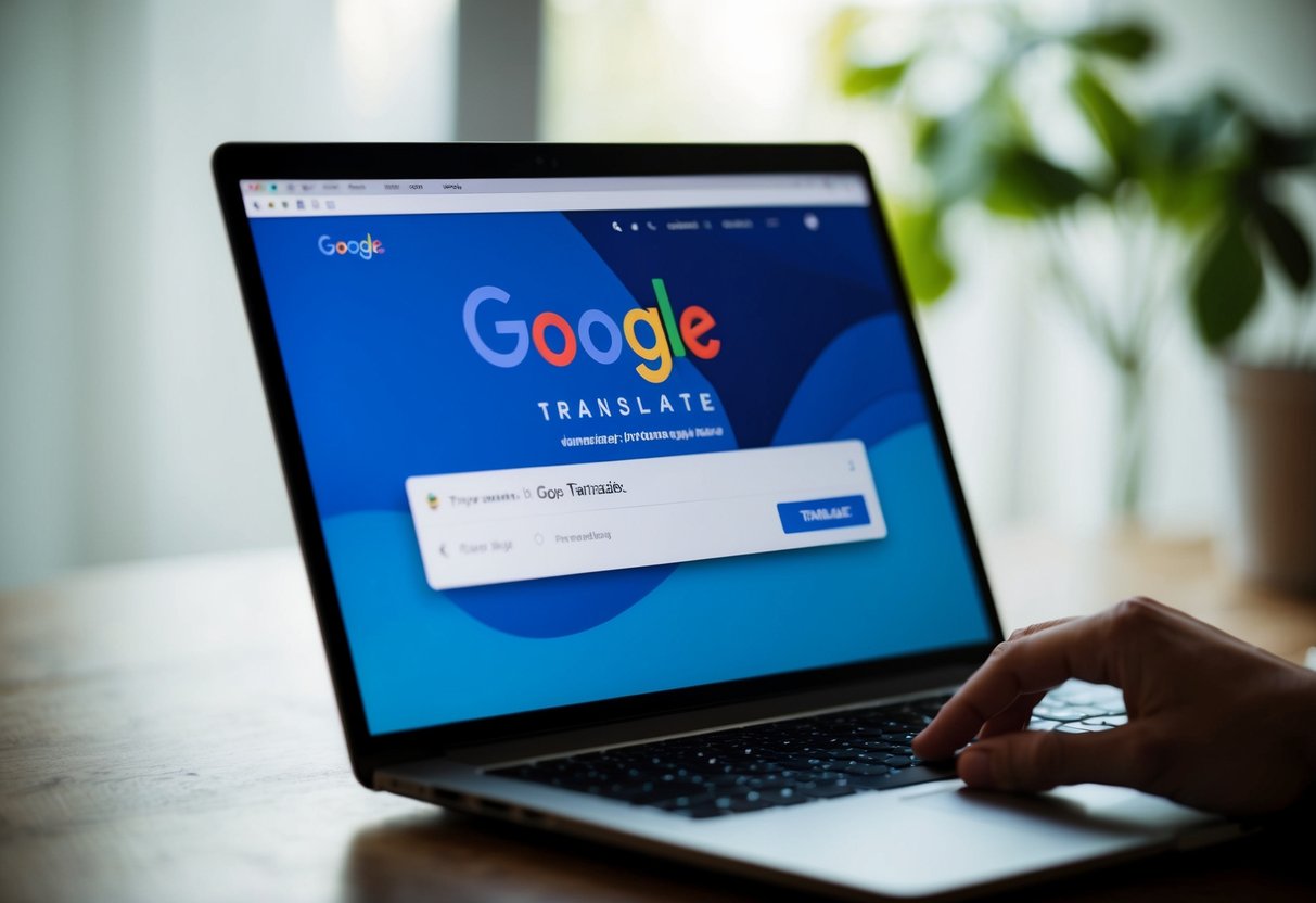 Uma tela de laptop exibindo o site do Google Tradutor com várias opções de idioma e uma caixa de entrada de texto. O cursor paira sobre o botão "Traduzir".