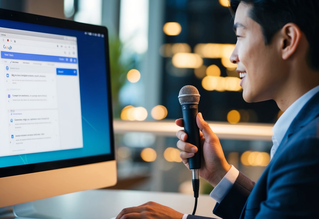 Uma pessoa falando em um microfone enquanto uma tela de computador exibe a interface do Google Tradutor