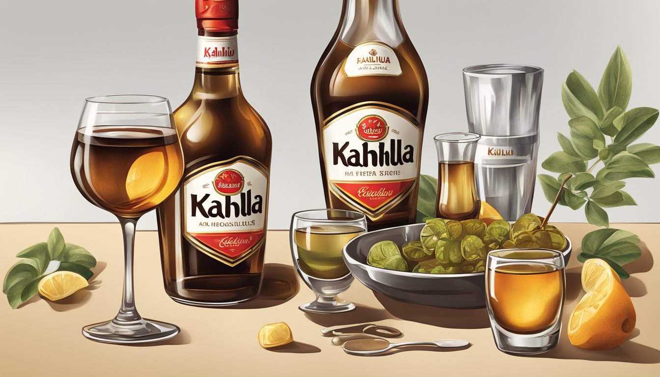 A table with multiple glasses of Kahlúa, some empty, some full, and a bottle of Kahlúa nearby