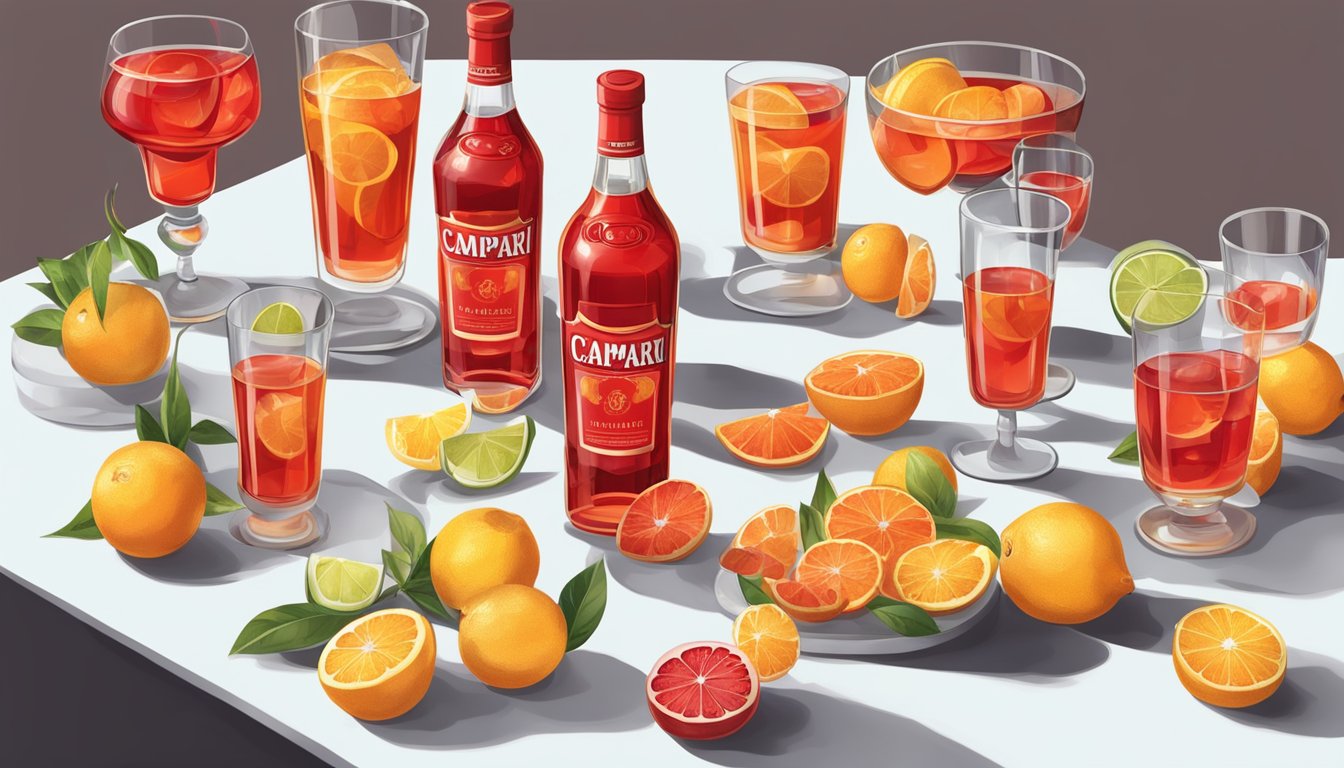 A table with multiple glasses of Campari, some empty and some full, surrounded by scattered bottles and citrus fruits