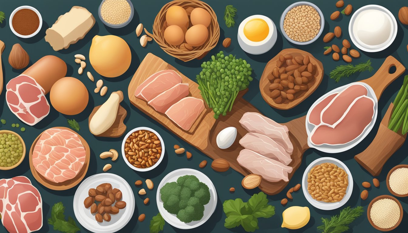 A variety of whole foods rich in protein, such as lean meats, fish, eggs, nuts, and legumes, arranged on a table