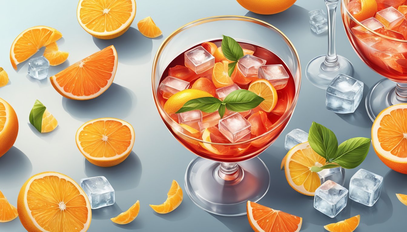 A table with multiple glasses of Campari, some empty and some partially filled, surrounded by scattered citrus peels and ice cubes