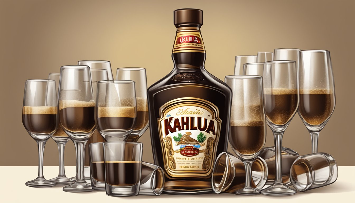 A bottle of Kahlua with multiple empty glasses scattered around it, suggesting excessive consumption