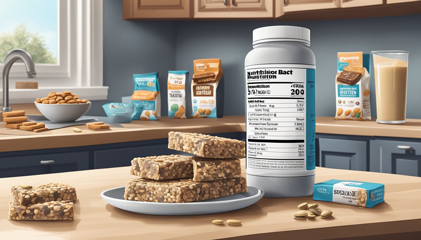 A kitchen counter with an array of protein bars, a measuring cup, and a nutrition label