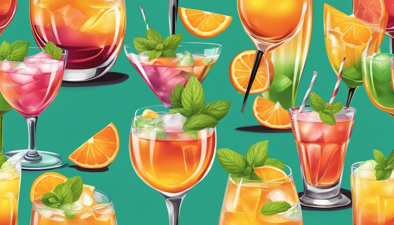 A colorful array of cocktails, each garnished with a slice of orange and a sprig of mint, with varying amounts of Campari poured into each glass