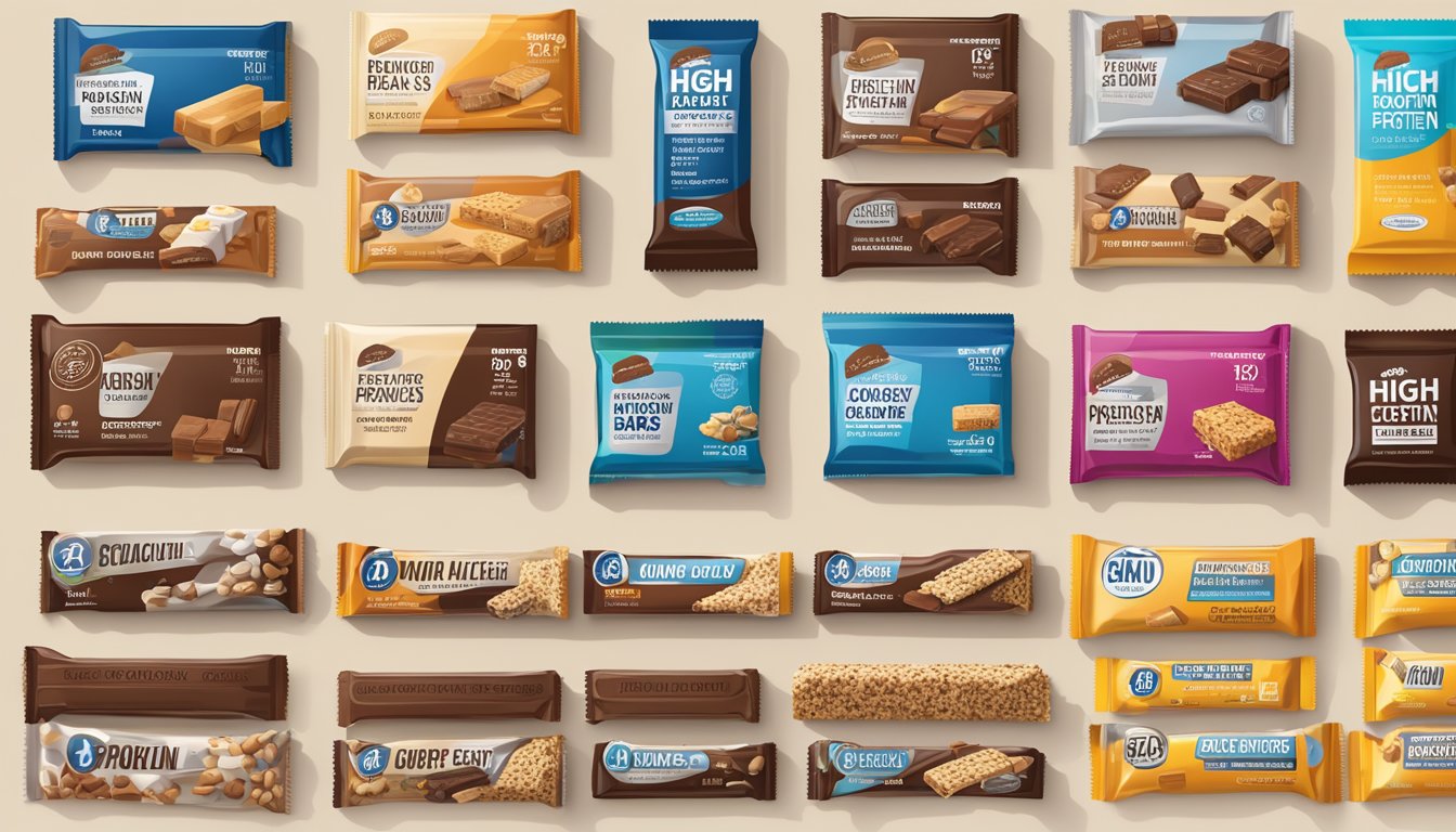 A variety of high protein bars arranged in a balanced, visually appealing manner, with a focus on portion control and moderation