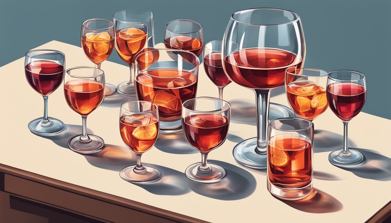 A table with various glasses filled with Campari, some empty, some half-full, and one overflowing