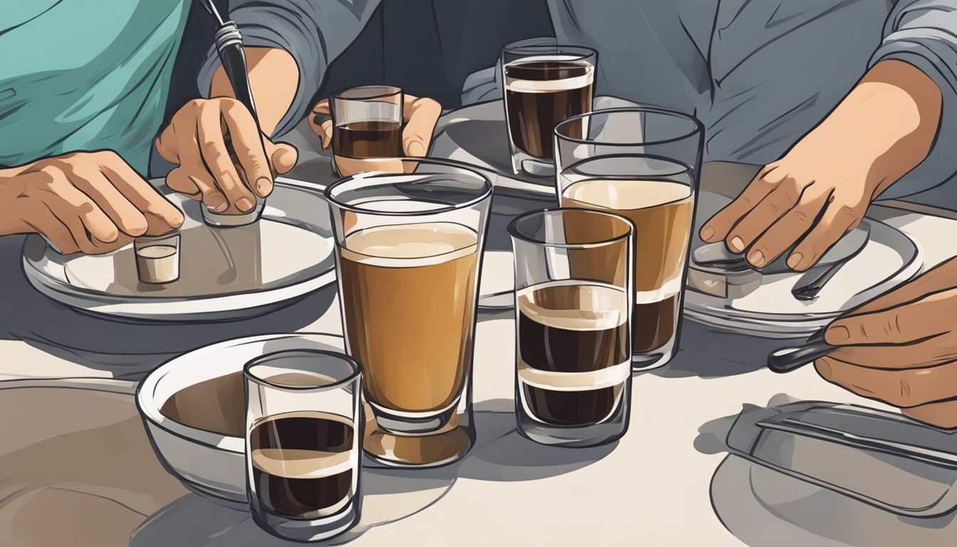 A table with multiple glasses of Kahlua, some empty, some full, and a concerned person counting the servings