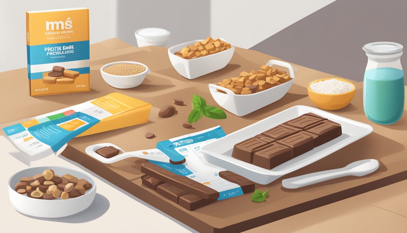 A table with various protein bars, a measuring cup, and a nutrition guide