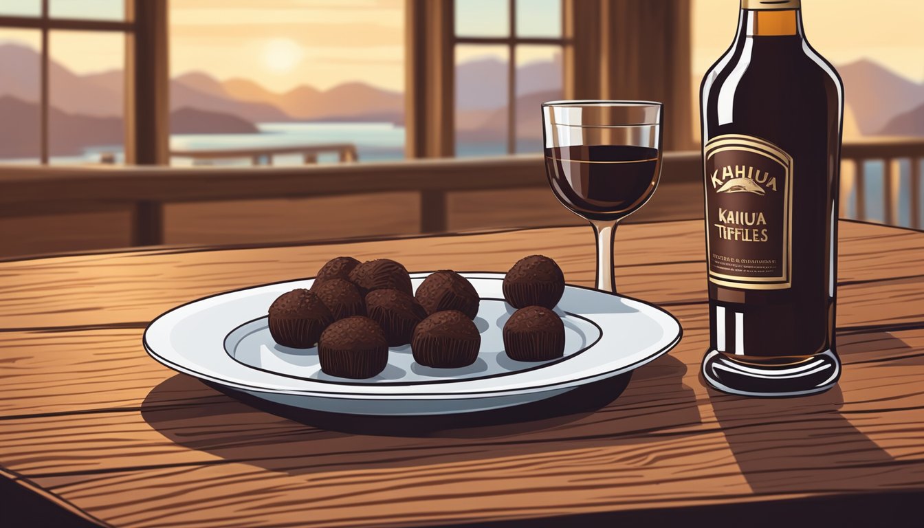 A glass of Kahlua sits next to a plate of chocolate truffles on a wooden table, with a bottle of the liqueur in the background