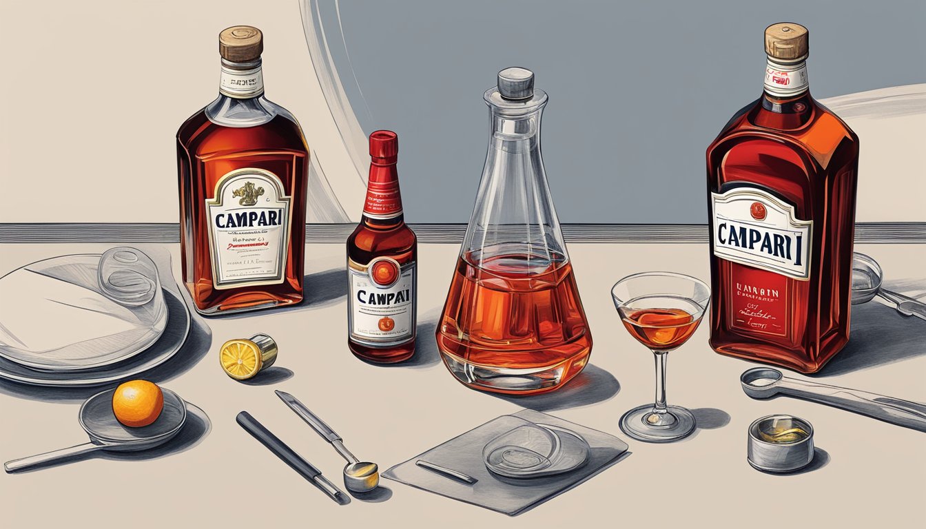 A table with a bottle of Campari, a glass, and a measuring tool to depict responsible drinking and lifestyle