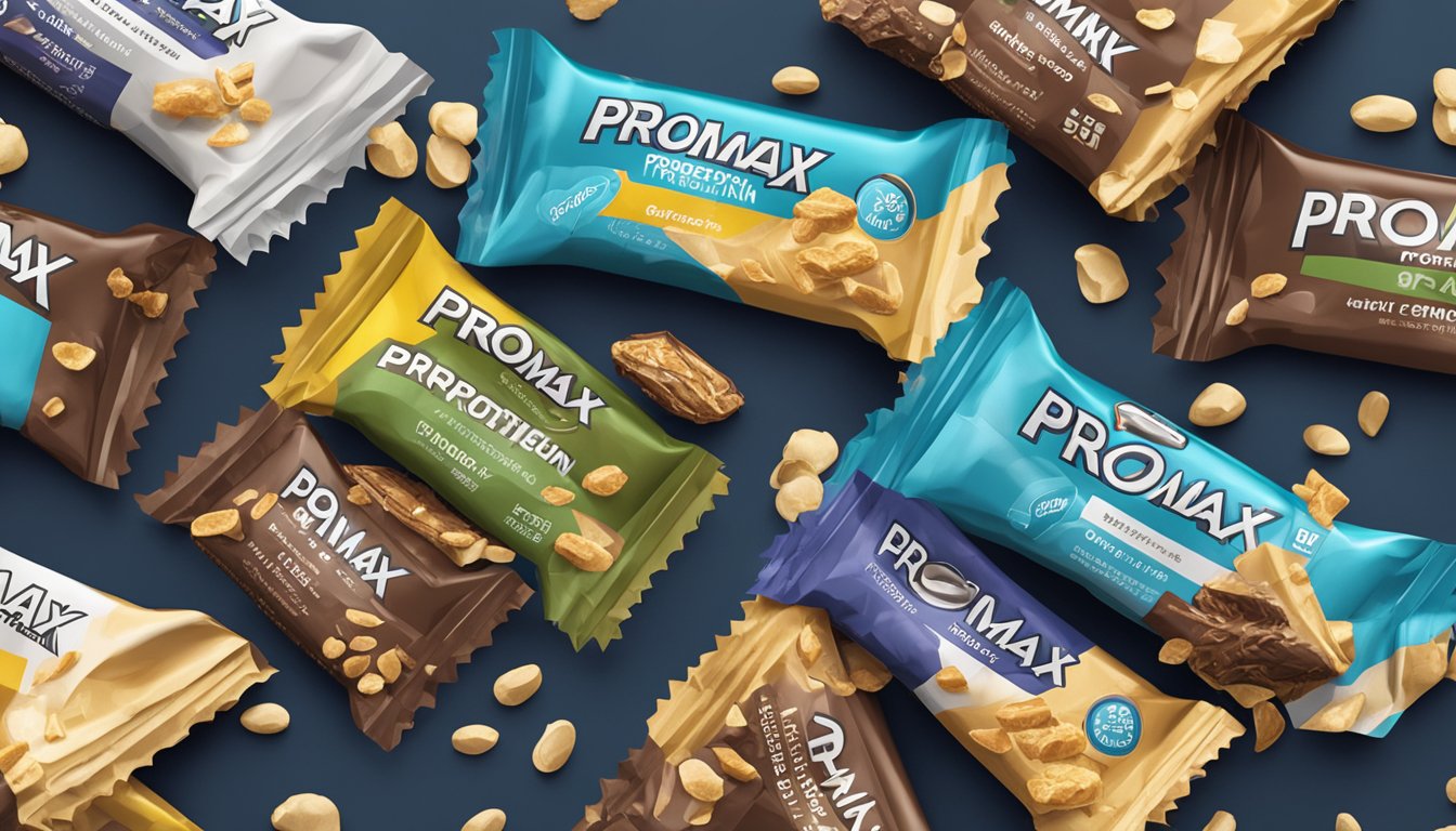 A stack of Promax protein bars overflowing from a crumpled wrapper, scattered on a table