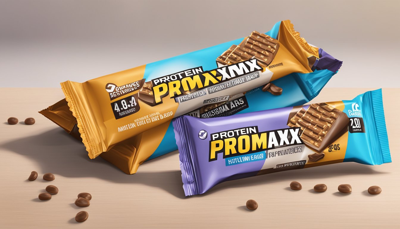 A stack of Promax protein bars overflowing from an open package, scattered on a table