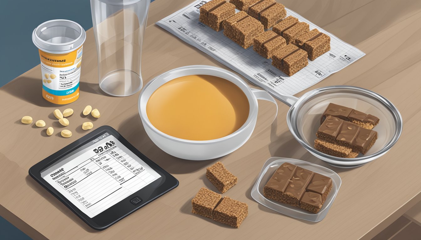 A table with an assortment of Promax protein bars, a measuring cup, and a nutrition label