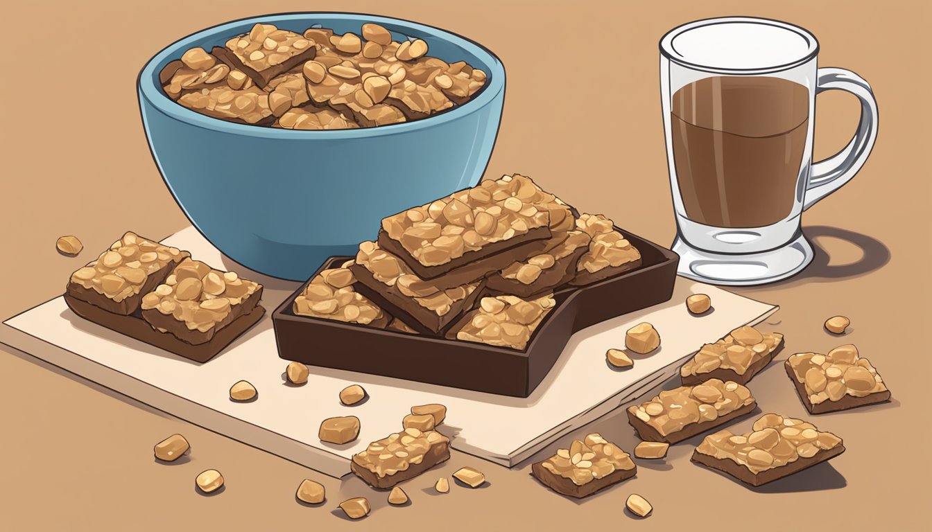 A pile of Proteinwise caramel crunch protein bars overflowing from a bowl, with a measuring cup nearby