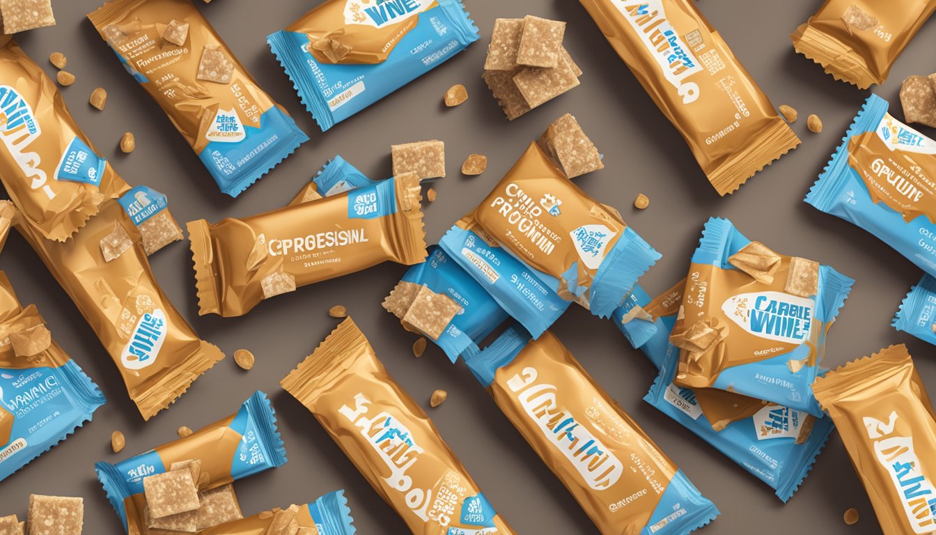 A stack of ProteinWise Caramel Crunch protein bars toppled over on a table, surrounded by empty wrappers