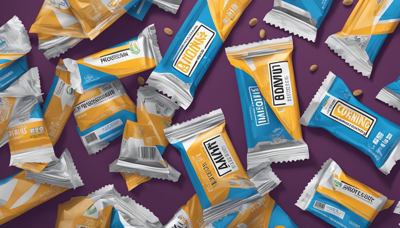 A stack of empty Promax protein bar wrappers scattered on a table, with a warning label about excessive consumption