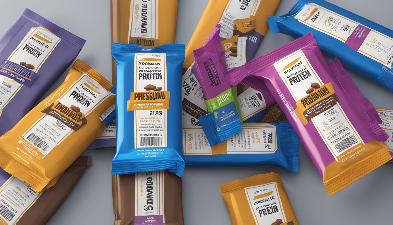 A towering stack of promax protein bars, with a warning label and a pile of empty wrappers nearby