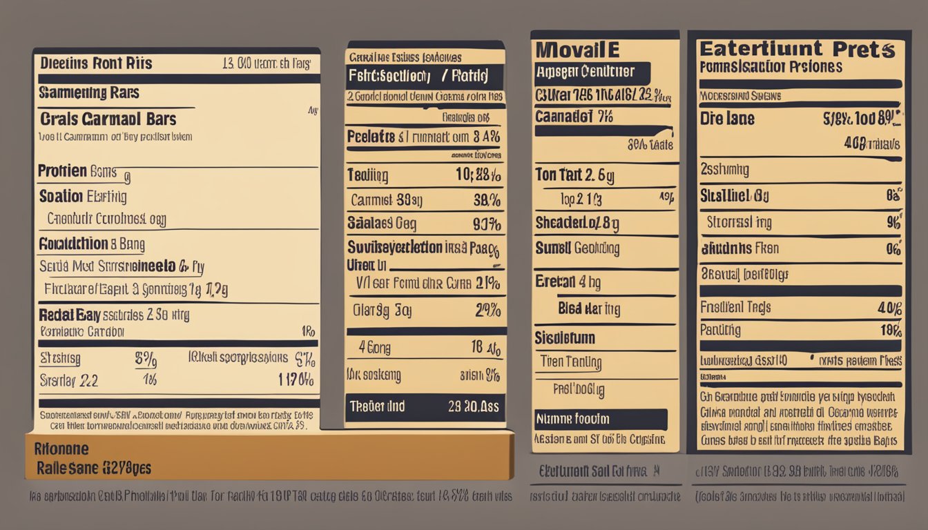 A stack of Proteinwise caramel crunch protein bars, with a dietary chart showing recommended serving sizes