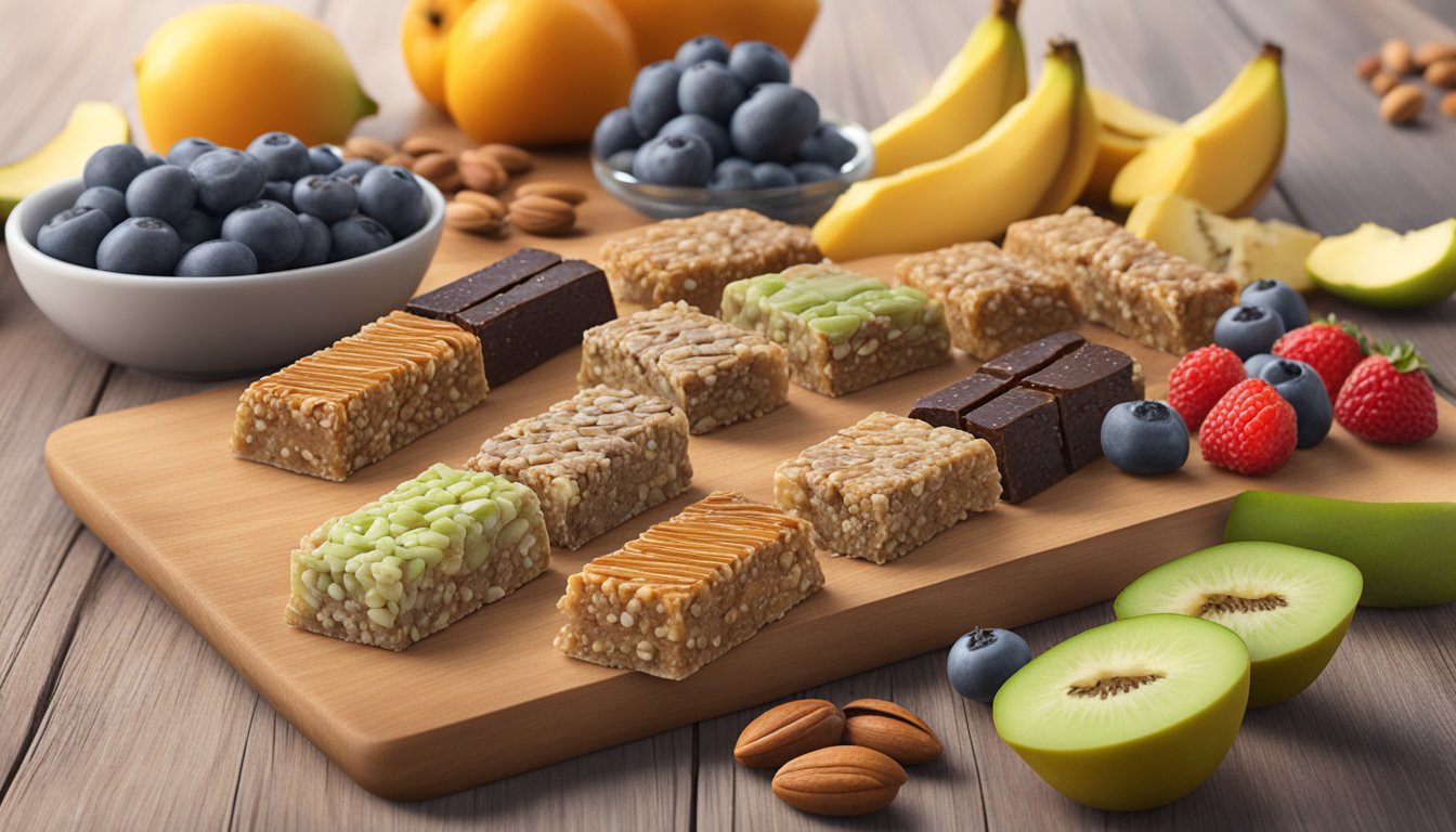 A variety of Promax protein bars arranged on a wooden cutting board with fresh fruits and nuts in the background